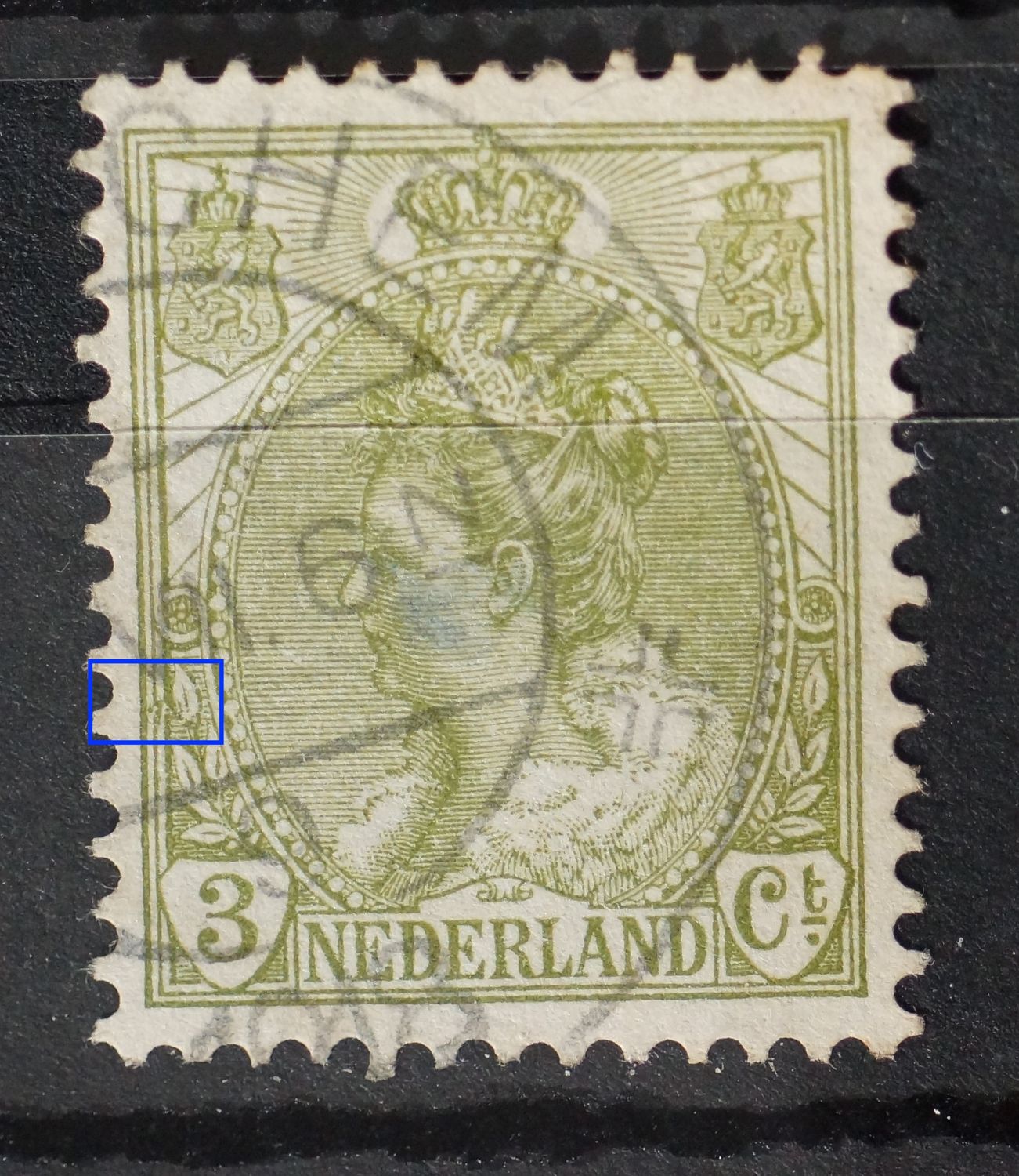 NVPH 57 - groene vlek / beschadigde kaderlijnen links