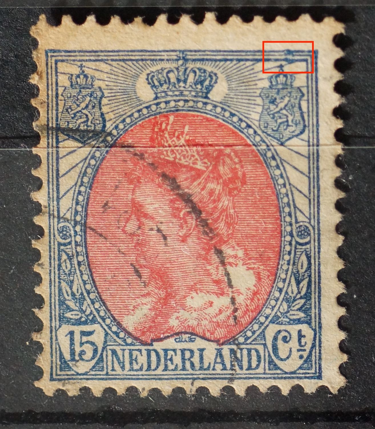 NVPH 65 - beschadigde kaderlijnen boven rechter wapenschild