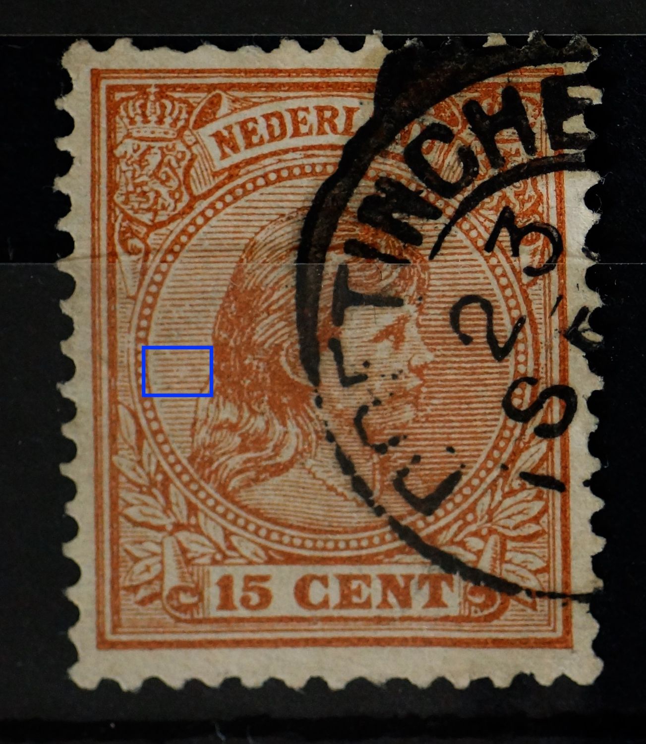 NVPH 39 - breuk in arcering achter het hoofd en onregelmatige arcering voor de kin