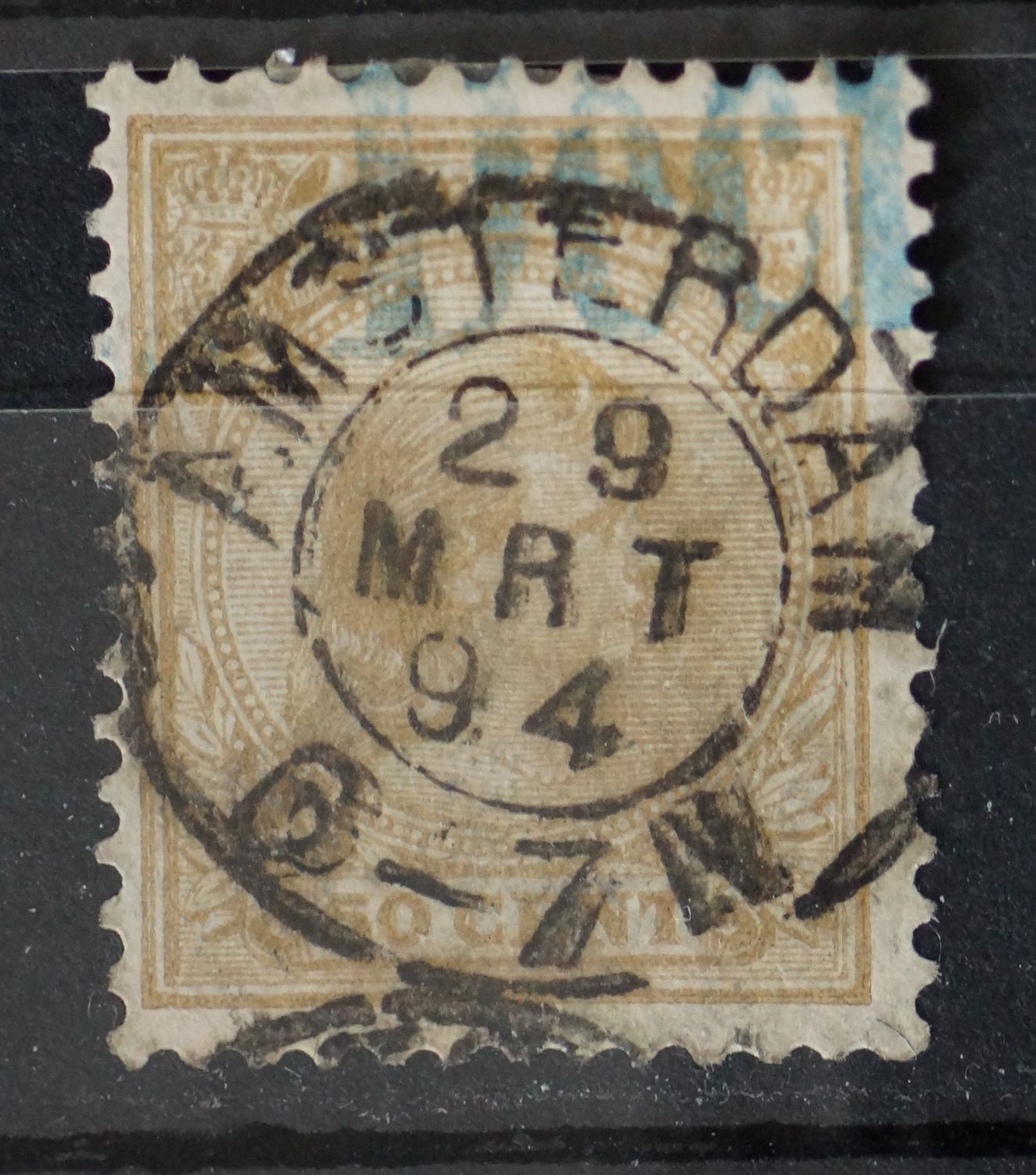 Amsterdam op NVPH 42, tevens administratief stempel Decl. (blauw)