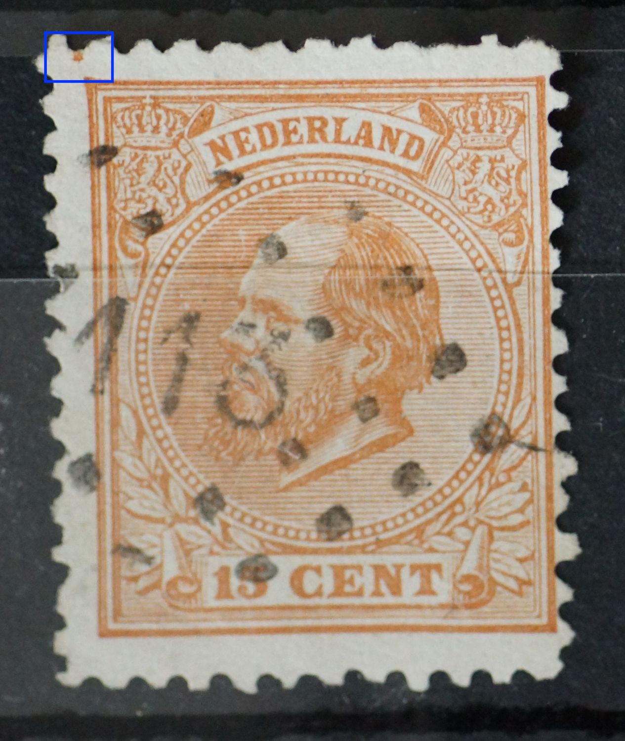 NVPH 23 - bruike vlek boven het zegelbeeld links