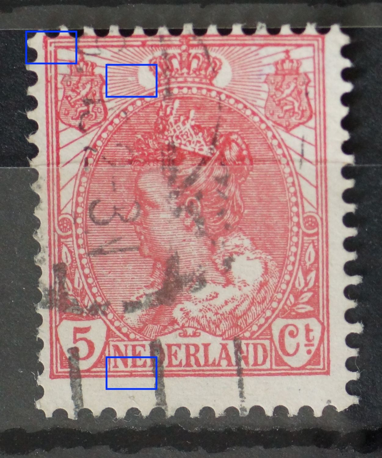 NVPH 60 - o.a. breuk in straal links van kroon en rode vlek daarboven NVPH 60 - o.a. breuk in straal links van kroon en rode vlek daarboven