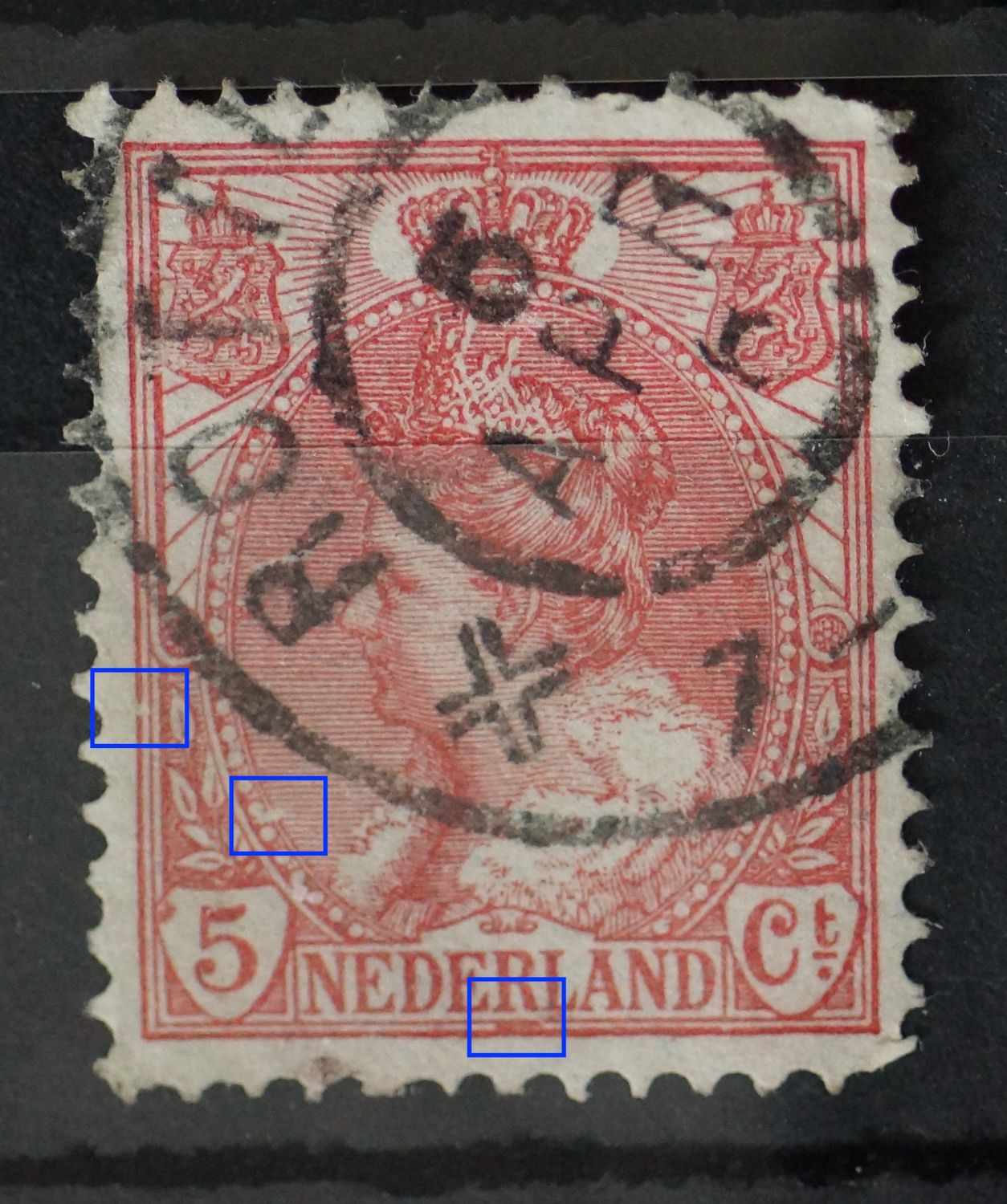 NVPH 60 -o.a. breuk in kaderlijn links en rode vlek onder de R van NEDERLAND