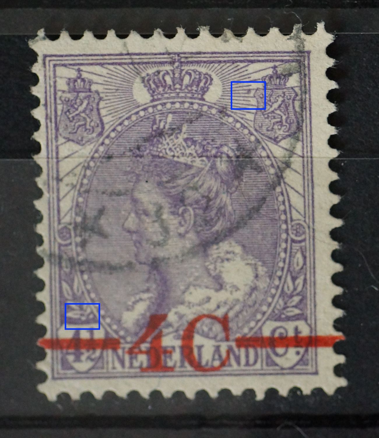 NVPH 106 - o.a. violette punt in onderste blad links
