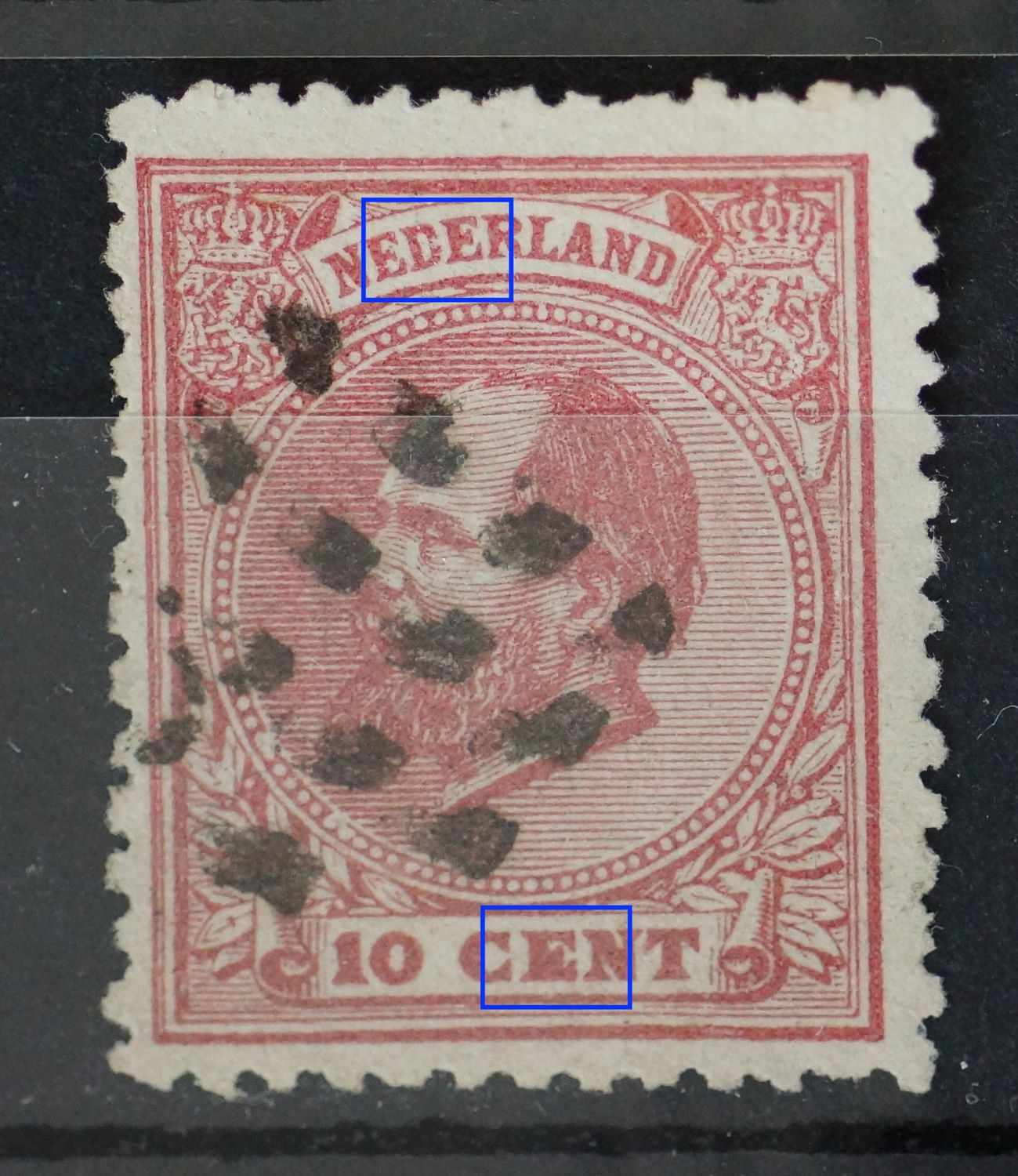 NVPH 21 - witte vlek in de 1e D van NEDERLAND en dichtgelopen E van CENT NVPH 21 - witte vlek in de 1e D van NEDERLAND en dichtgelopen E van CENT