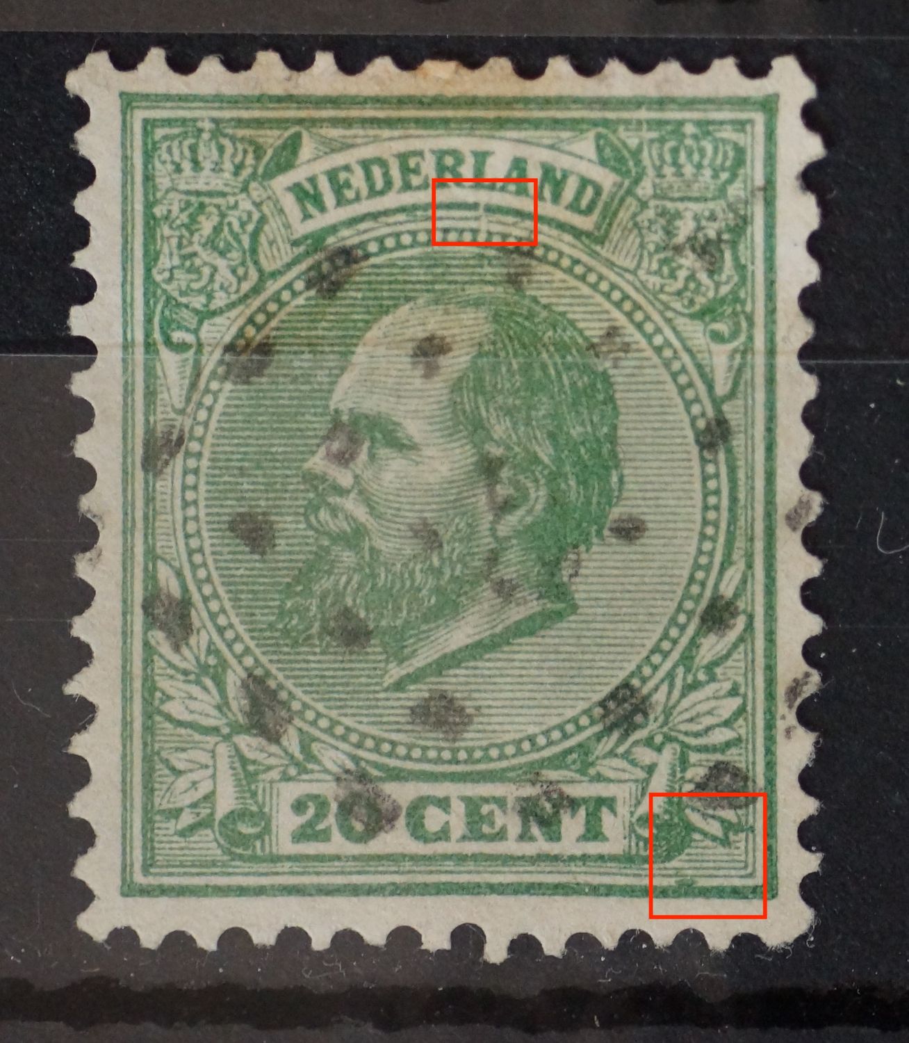 NVPH 24 - breuk onder de L van NEDERLAND en groene vlekken rechtsonder NVPH 24 - breuk onder de L van NEDERLAND en groene vlekken rechtsonder