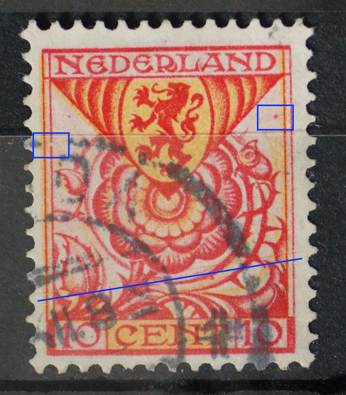 NVPH 168 - o.a. rode stip rechtsboven en breuk in kaderlijn links NVPH 168 - o.a. rode stip rechtsboven en breuk in kaderlijn links