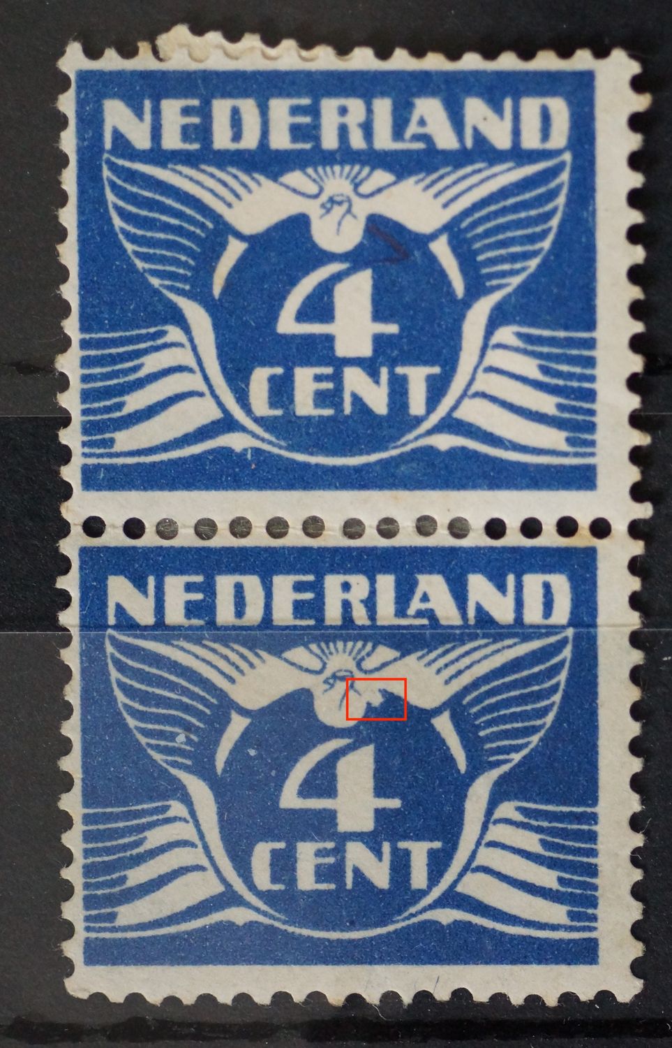 NVPH 148 (paar) - o.a. grote witte vlek onderaan de linker vleugel (onderste zegel)