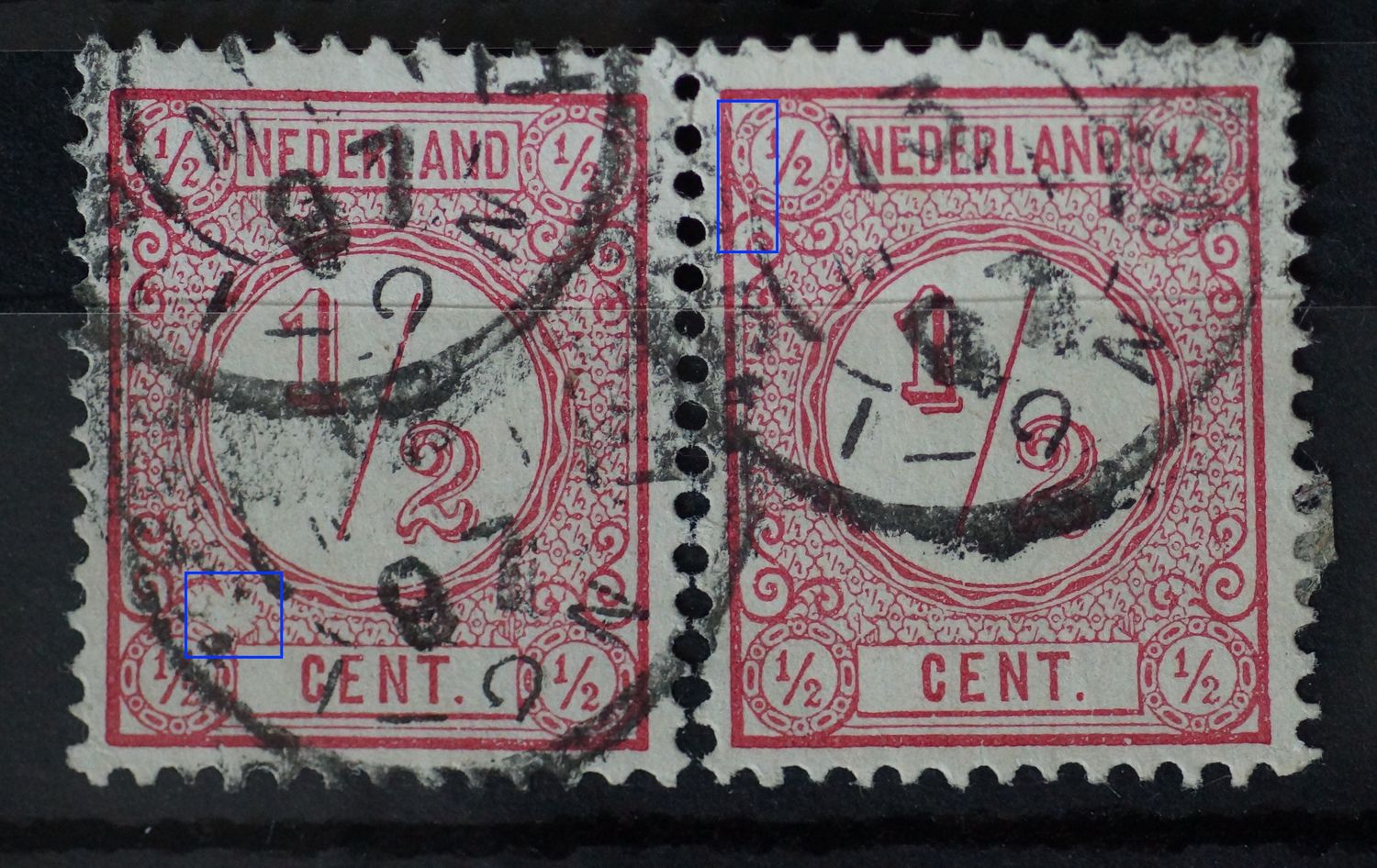 NVPH 30 (paar) - witte vlek linksonder (linker zegel) en witte kras linksboven (rechter zegel) NVPH 30 (paar) - witte vlek linksonder (linker zegel) en witte kras linksboven (rechter zegel)