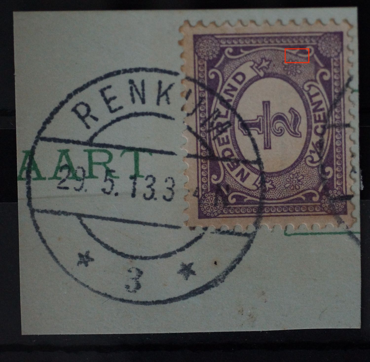 NVPH 50 - violette punt in de sierlijst rechts