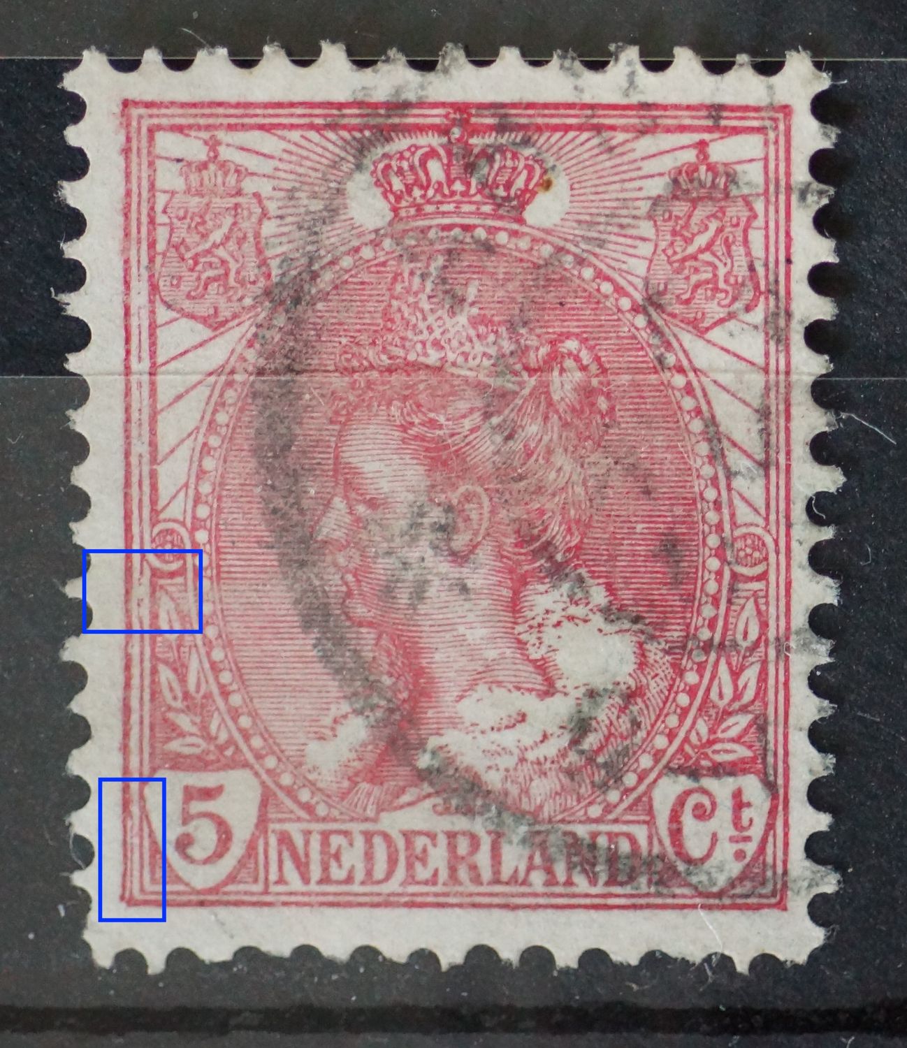 NVPH 60 - breuk in kaderlijn links en gespleten kaderlijn daaronder NVPH 60 - breuk in kaderlijn links en gespleten kaderlijn daaronder