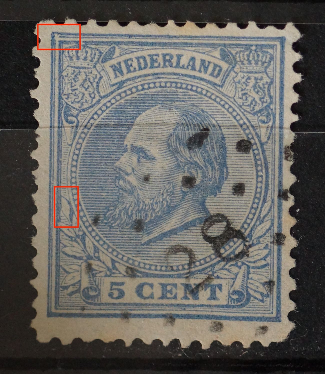 NVPH 19 - breuk in kaderlijnen linker bovenhoek en ontbrekende nerf bovenste blad links