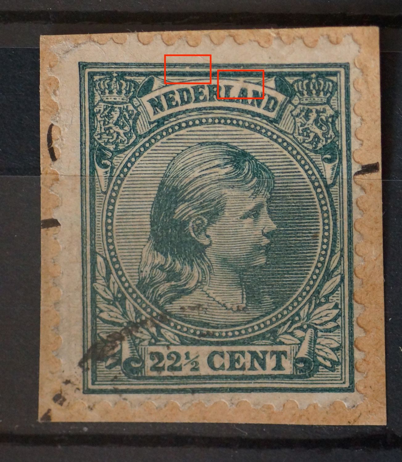 NVPH 41 - breuken boven, o.a. boven de A van NEDERLAND NVPH 41 - breuken boven, o.a. boven de A van NEDERLAND