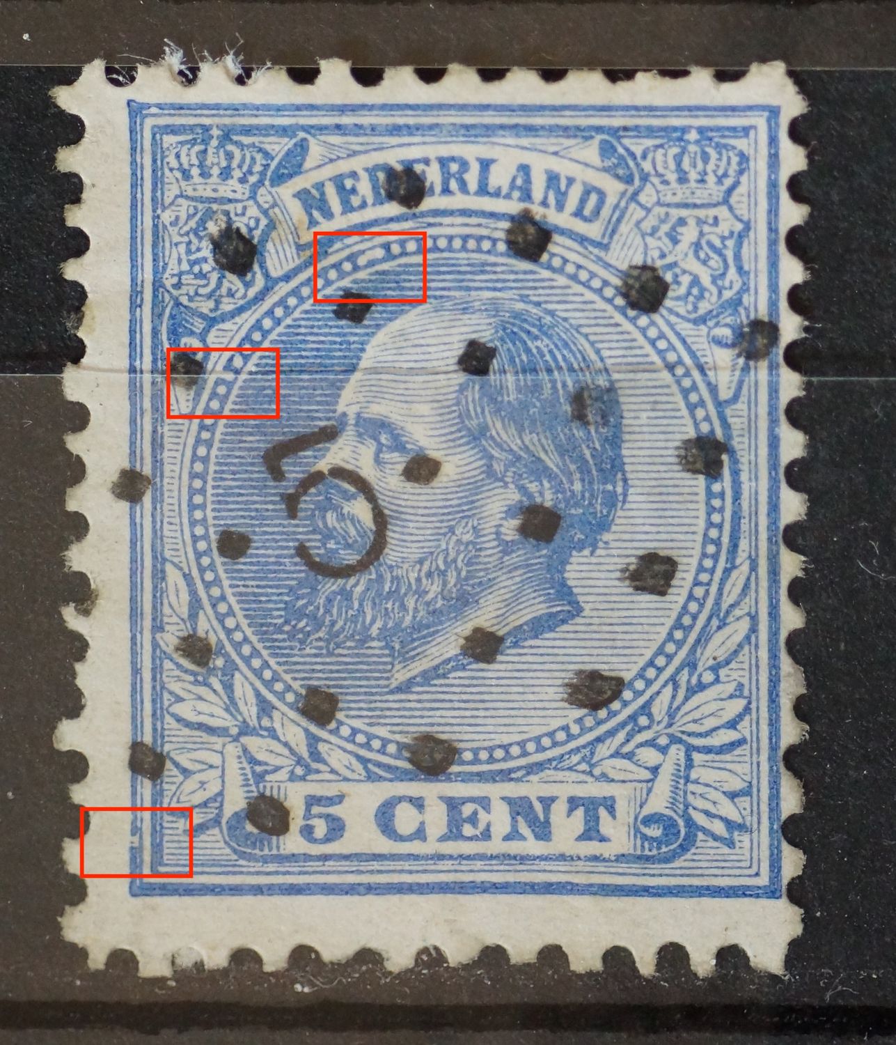 NVPH 19 - o.a. breuk in kaderlijn links, onder NVPH 19 - o.a. breuk in kaderlijn links, onder