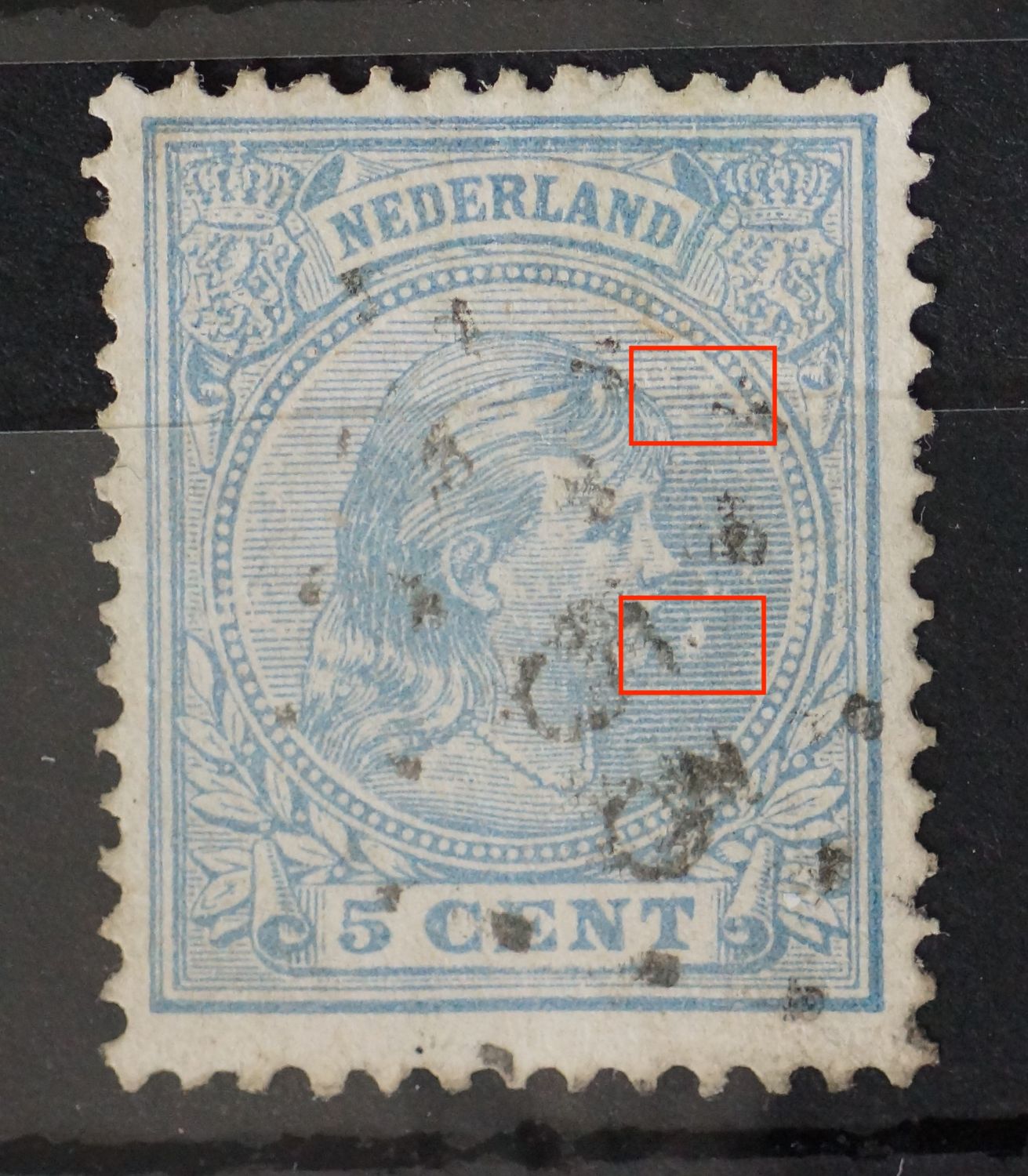 NVPH 35 - o.a. witte vlek en breuk in arcering rechts