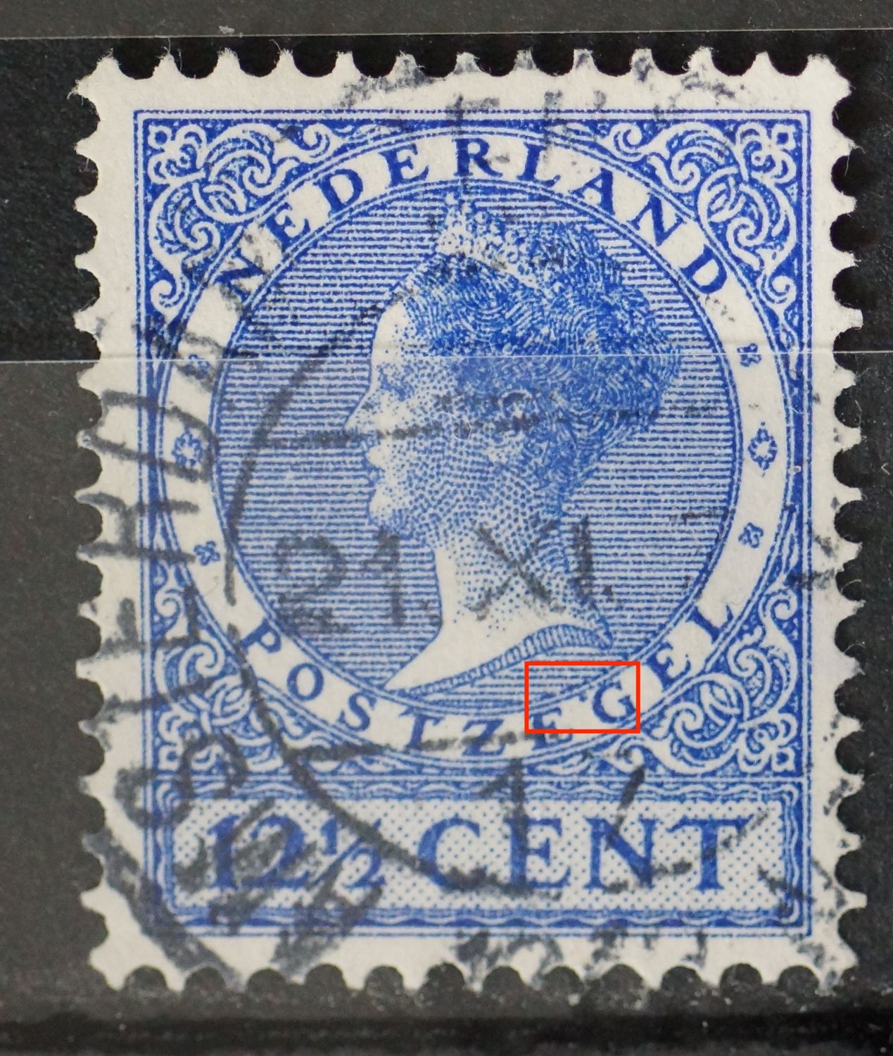 NVPH 185 - blauwe punt / vlek voor de G van POSTZEGEL