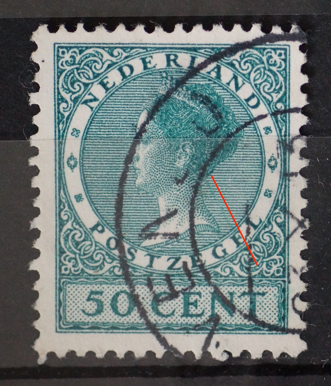 NVPH 197 - diagonale groenblauwe kras vanaf het oor naar beneden