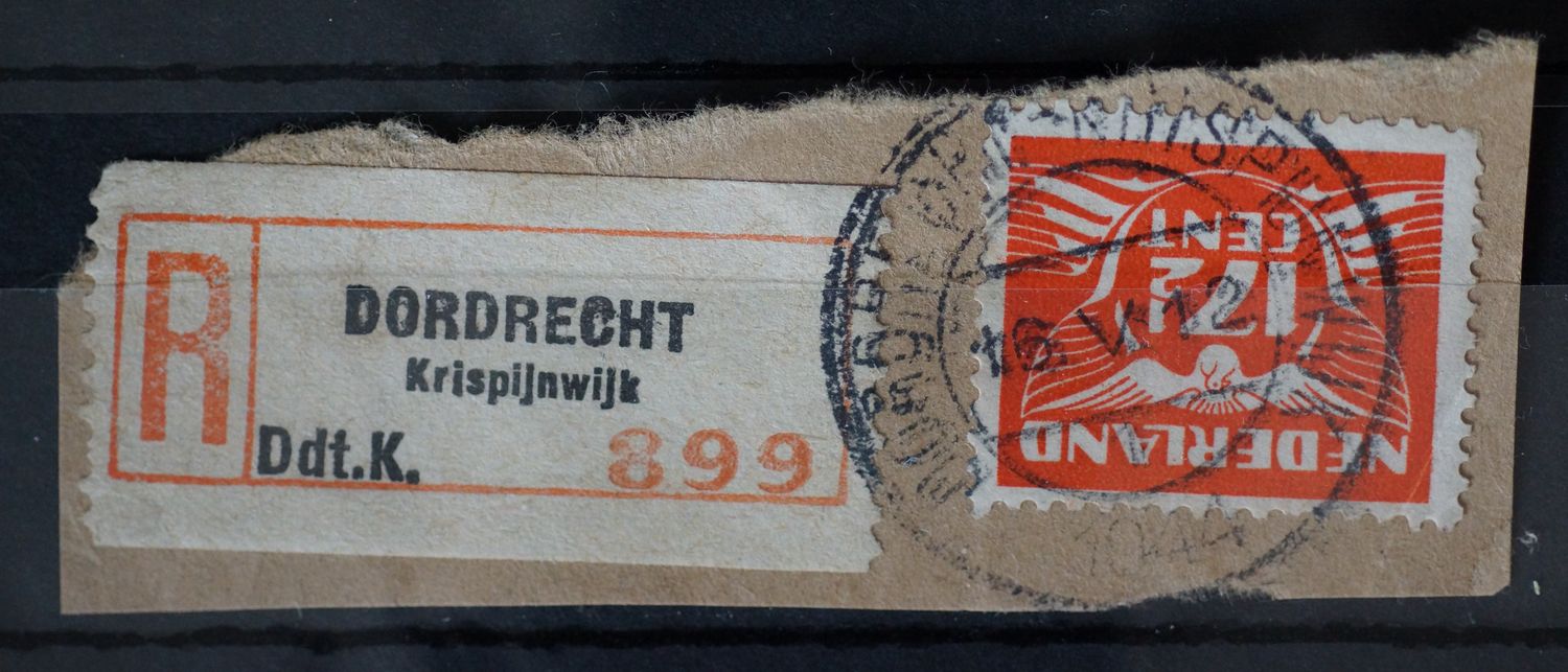 Dordrecht Krispijnwijk op NVPH 385, met bijbehorende aantekenstrook