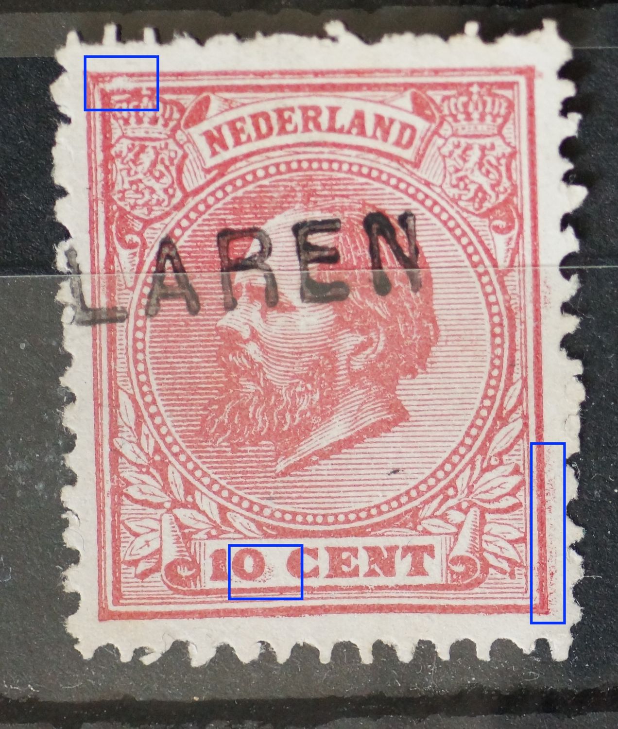 NVPH 21 - o.a. witte vlek boven linker wapenschild