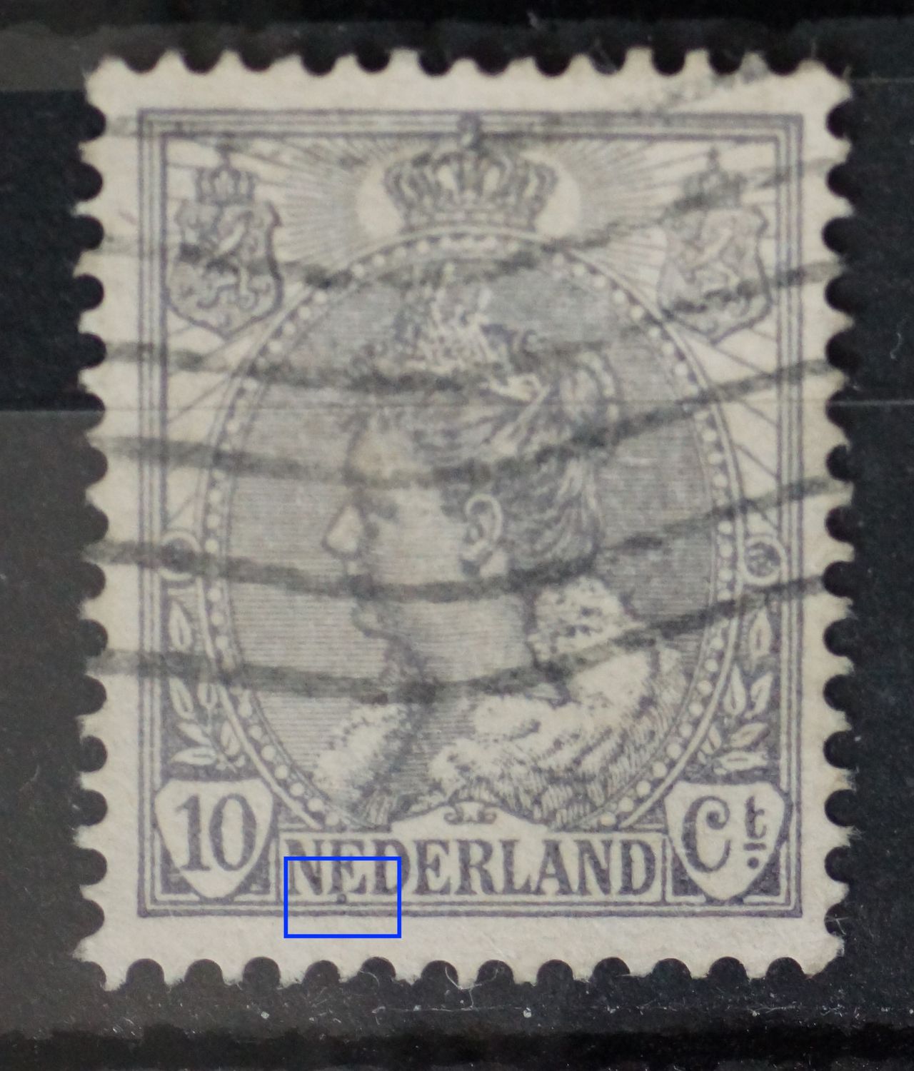 NVPH 62 - grote grijze vlek onderaande 1e E van NEDERLAND