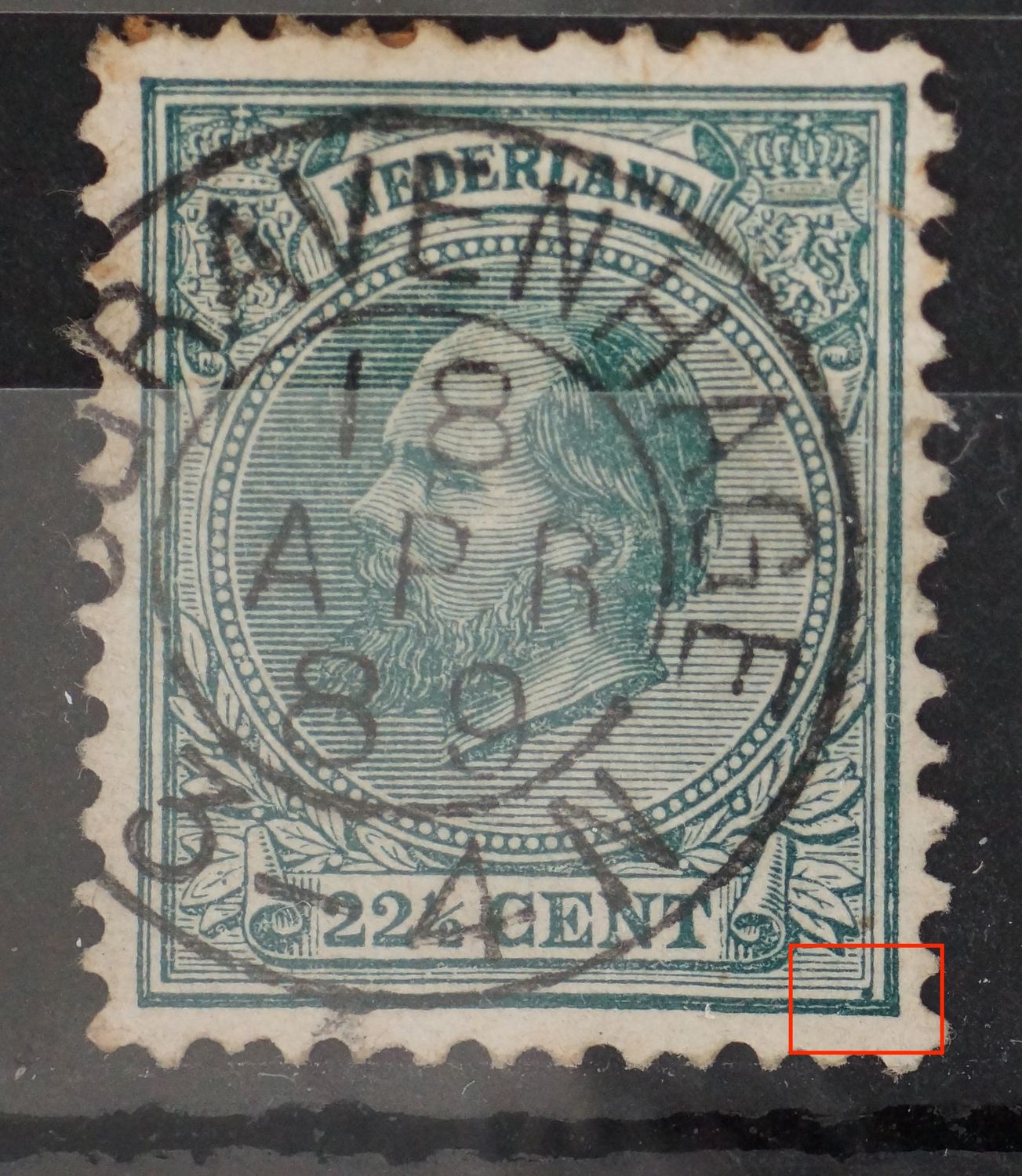 NVPH 25 - groene vlek tussen kaderlijnen onder, rechts