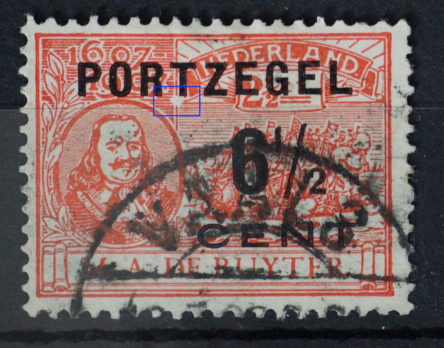 NVPH P36 - witte vlek onder de T van PORTZEGEL. NVPH P36 - witte vlek onder de T van PORTZEGEL.