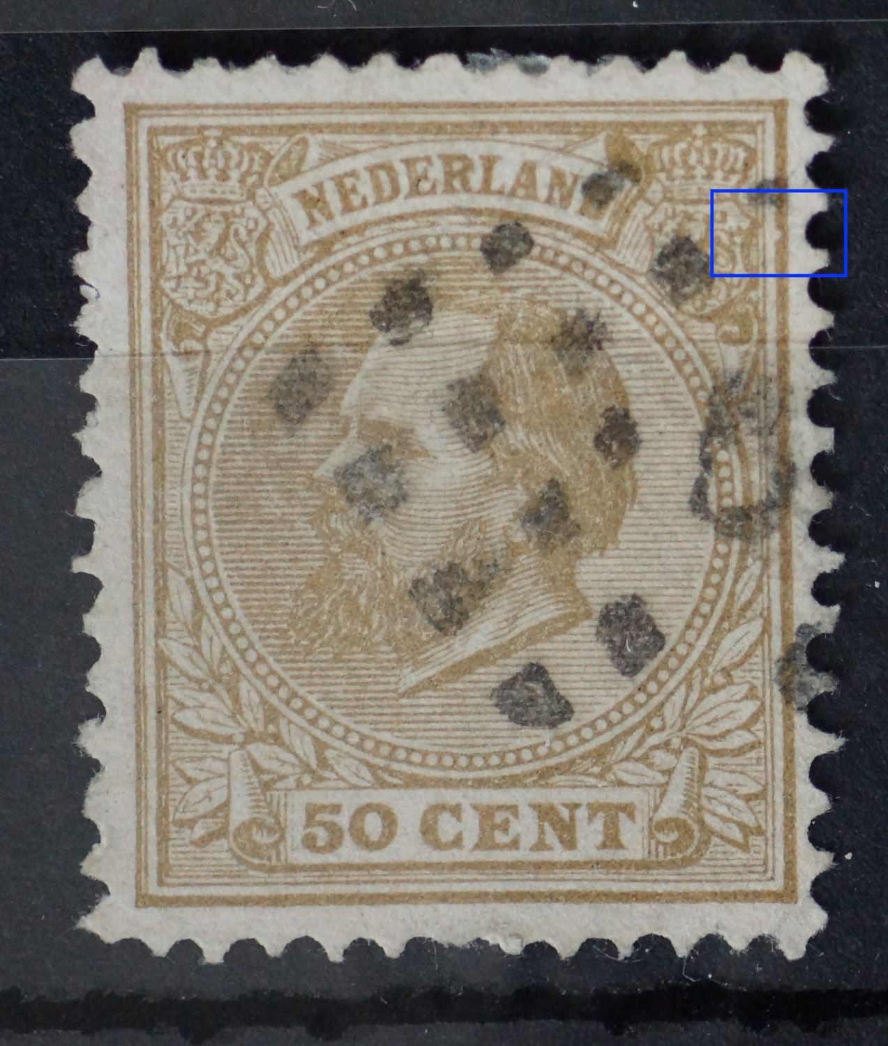 NVPH 27 - witte vlek / deuk in kaderlijn rechts, boven NVPH 27 - witte vlek / deuk in kaderlijn rechts, boven