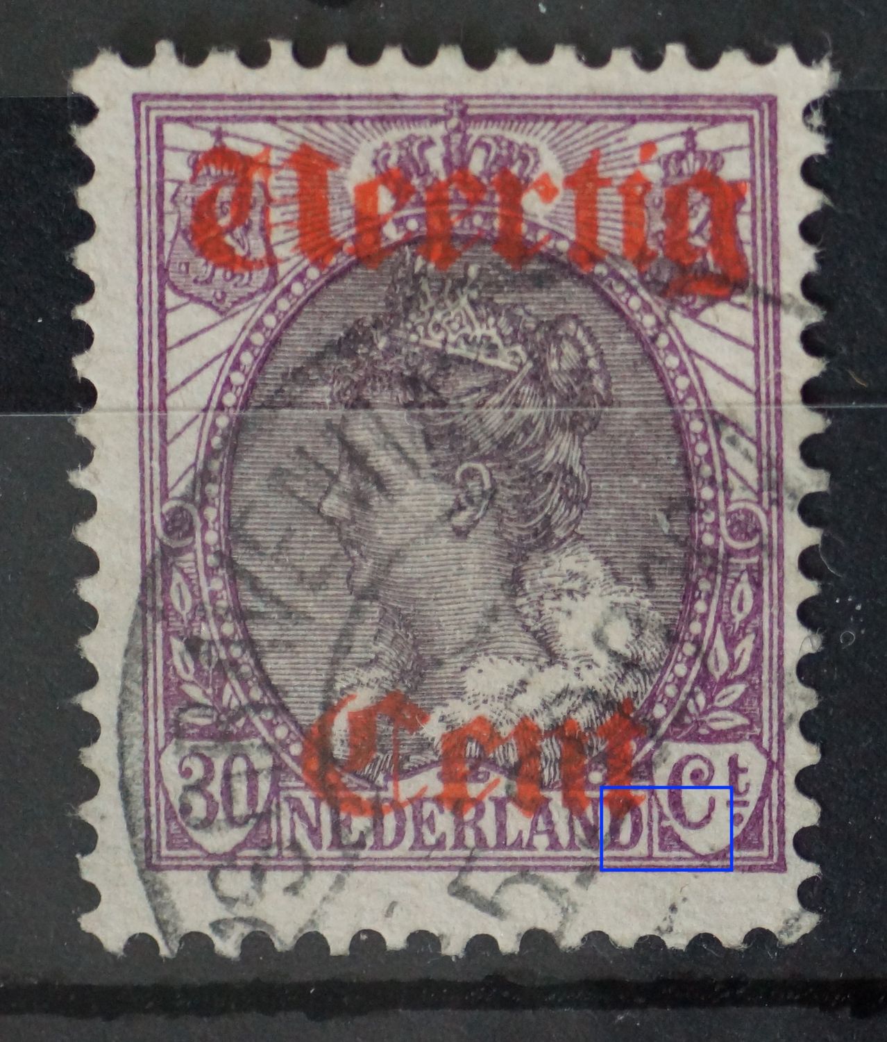 NVPH 102 - witte vlek links van Ct.