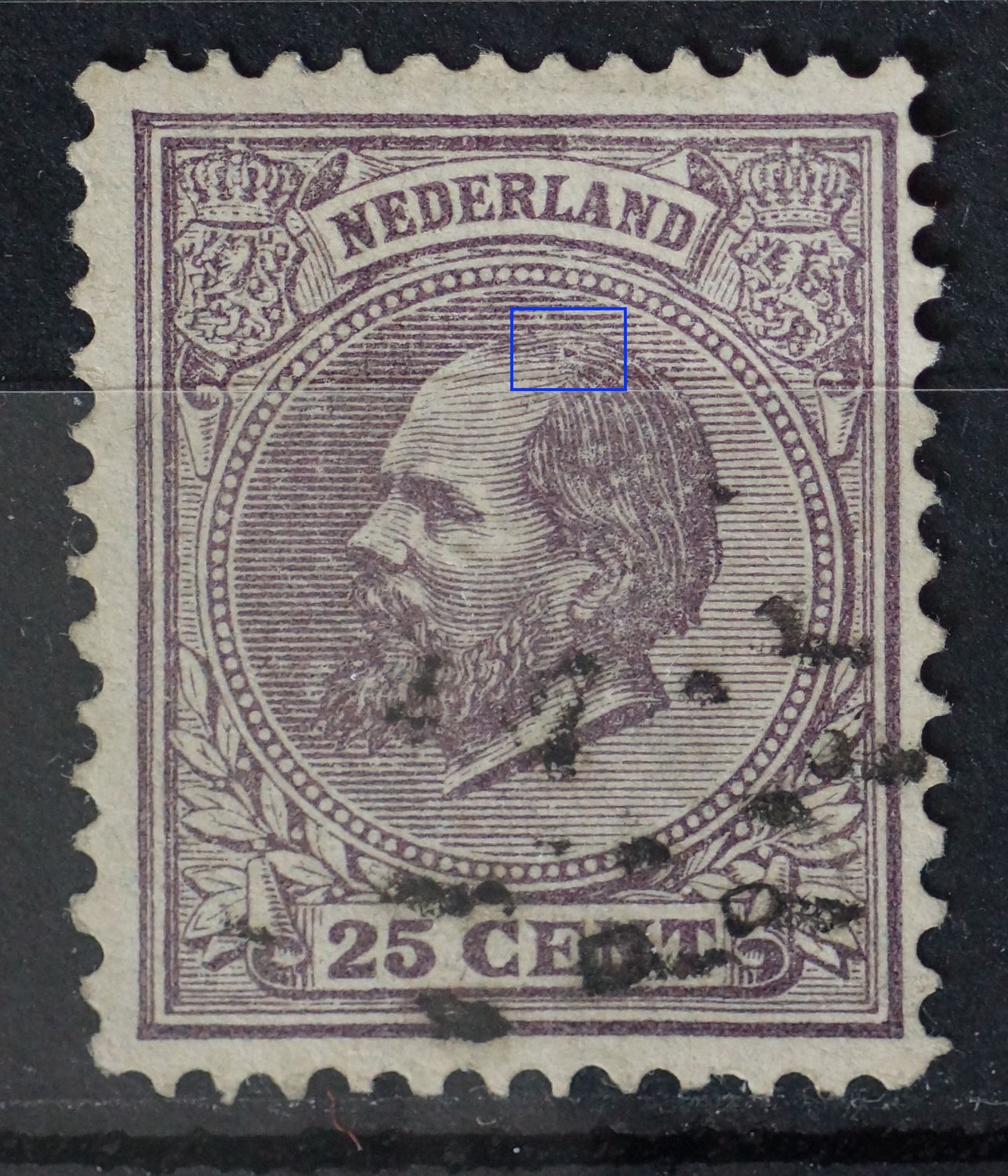 NVPH 26 - driehoekige violette vlek in het haar