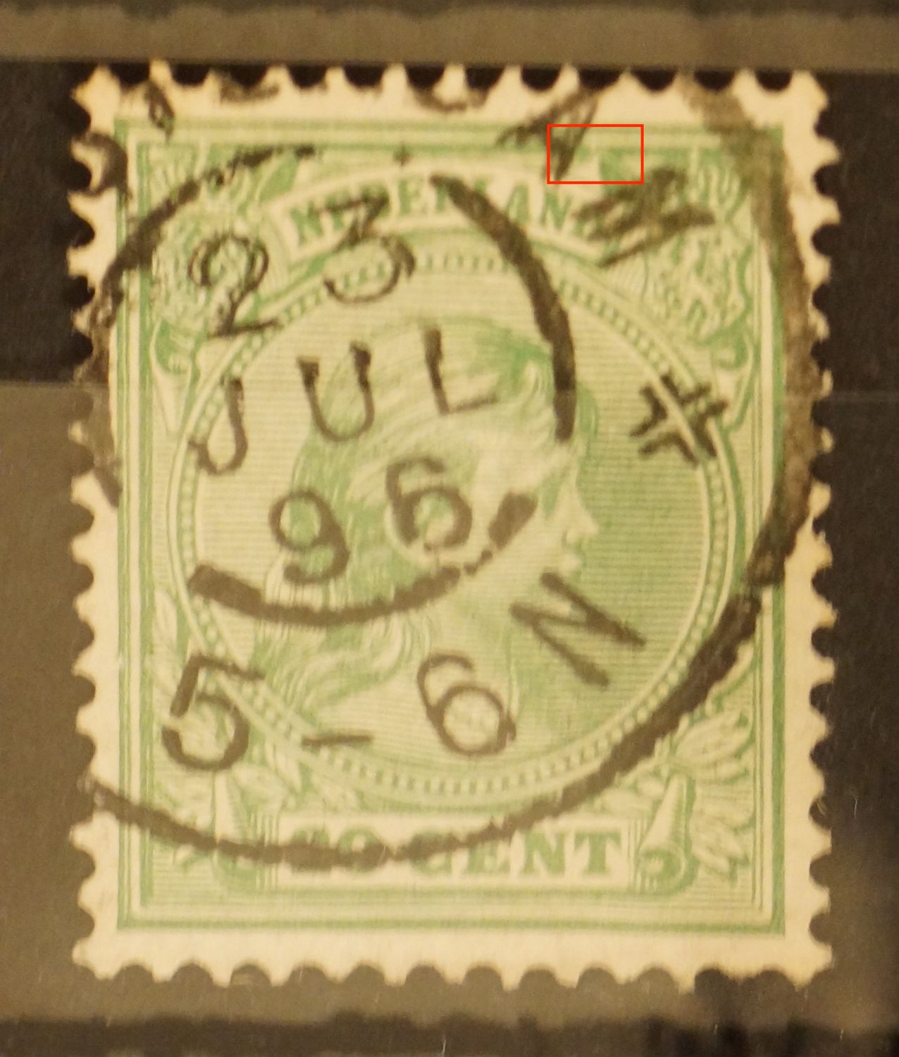 NVPH 40 - witte verticale streep / breuk rechtsboven de 2e D van NEDERLAND NVPH 40 - witte verticale streep / breuk rechtsboven de 2e D van NEDERLAND