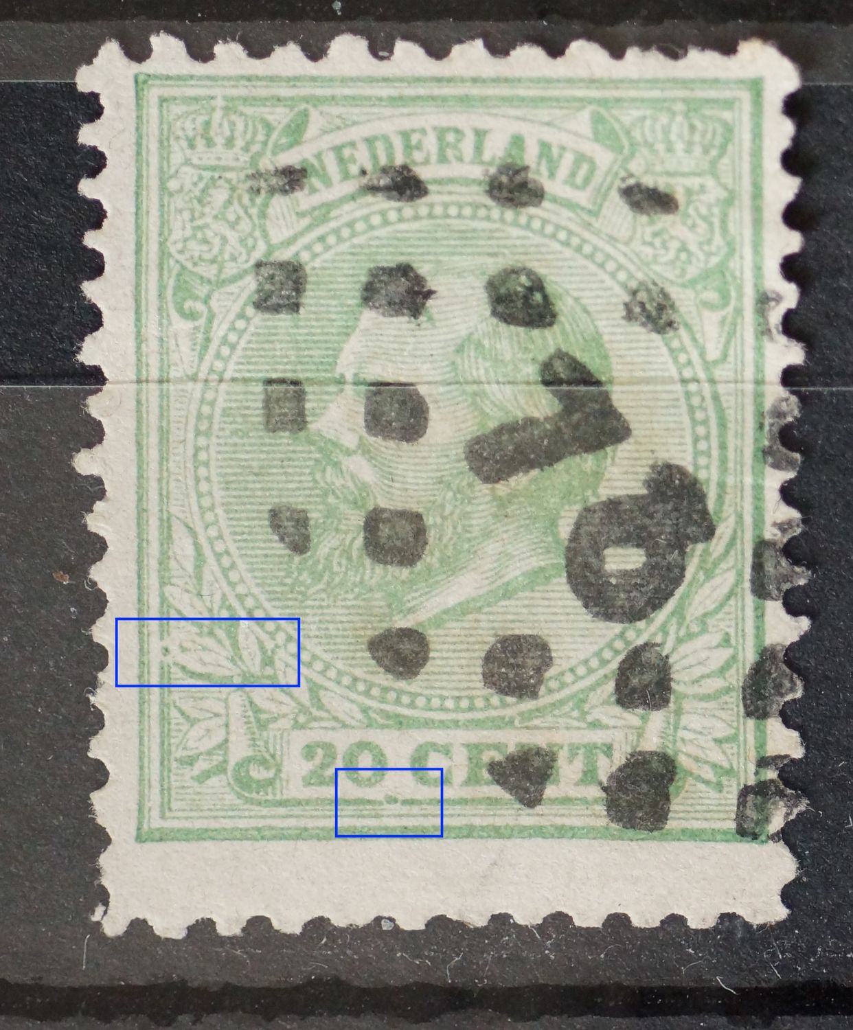 NVPH 24 - groene punten links onderin zegelbeeld NVPH 24 - groene punten links onderin zegelbeeld