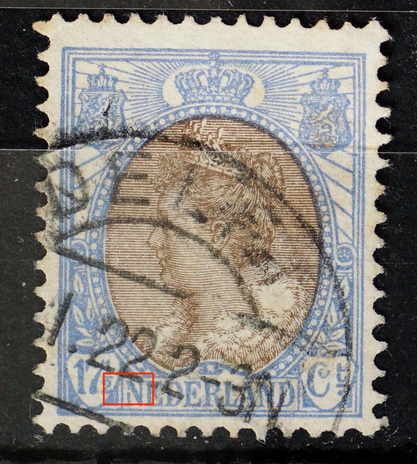 NVPH 67 - witte vlek / breuk in de linker poot van de 1e N van NEDERLAND