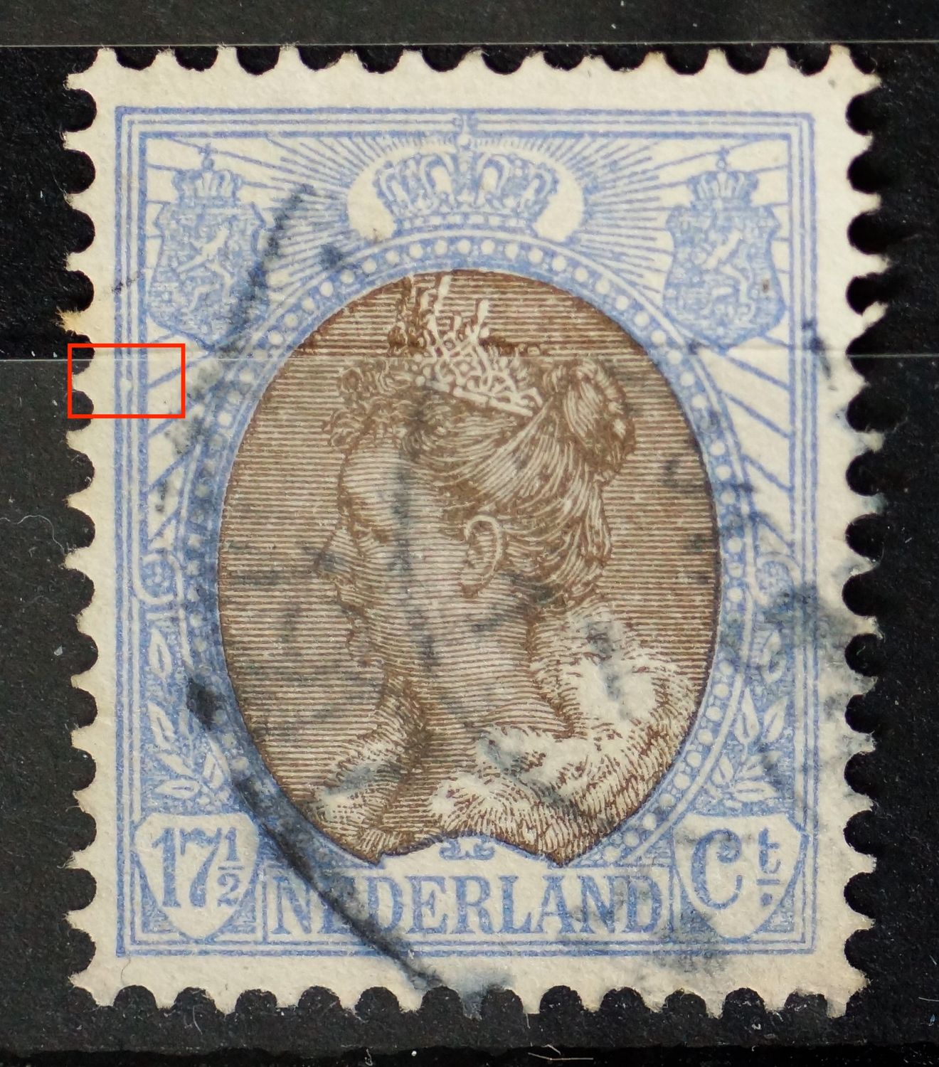 NVPH 67 - witte vlek tussen kaderlijnen links NVPH 67 - witte vlek tussen kaderlijnen links