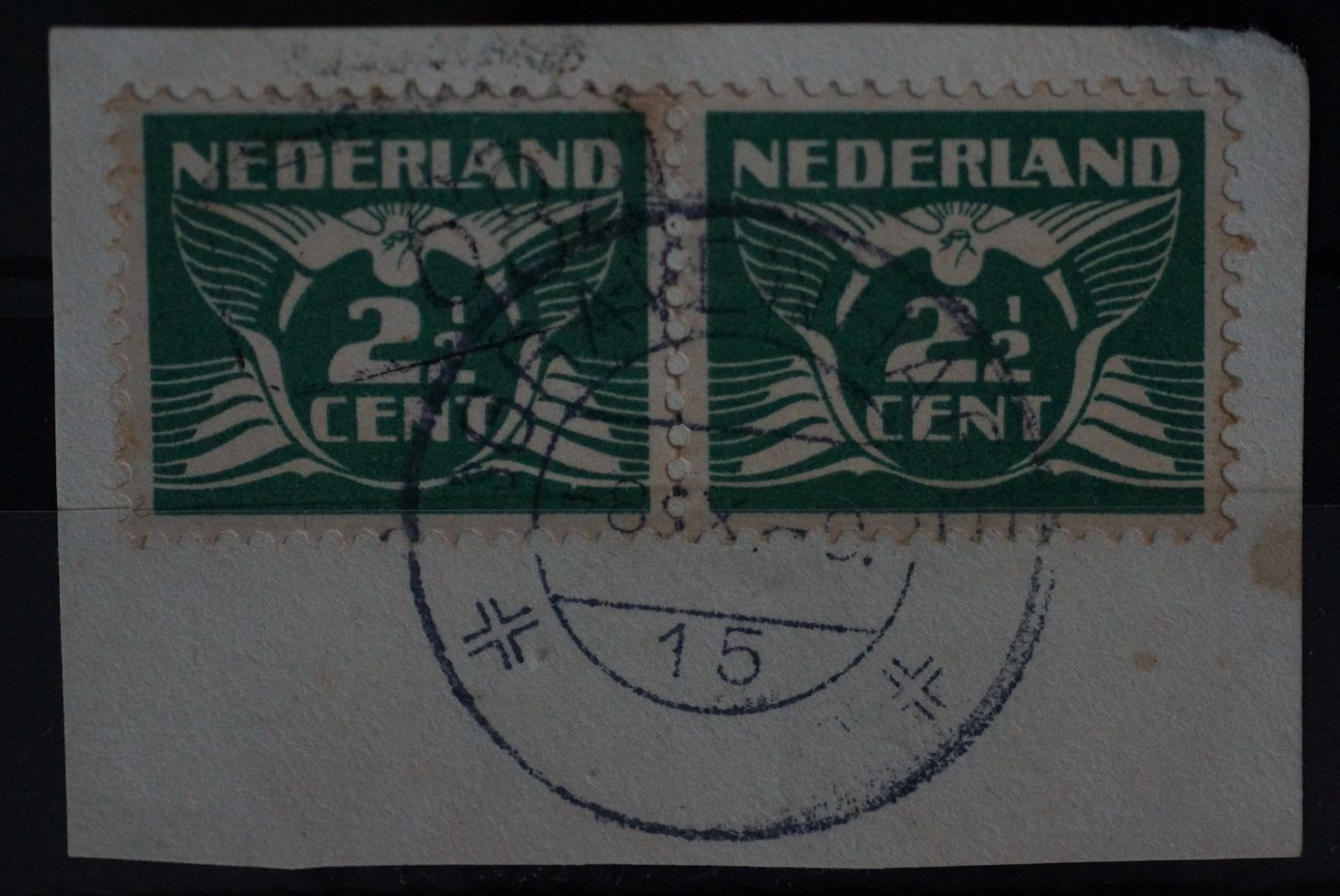 sGravenhage 15 op NVPH 174 (paar), zonder jaartal. Bestellerstempel op linker zegel.