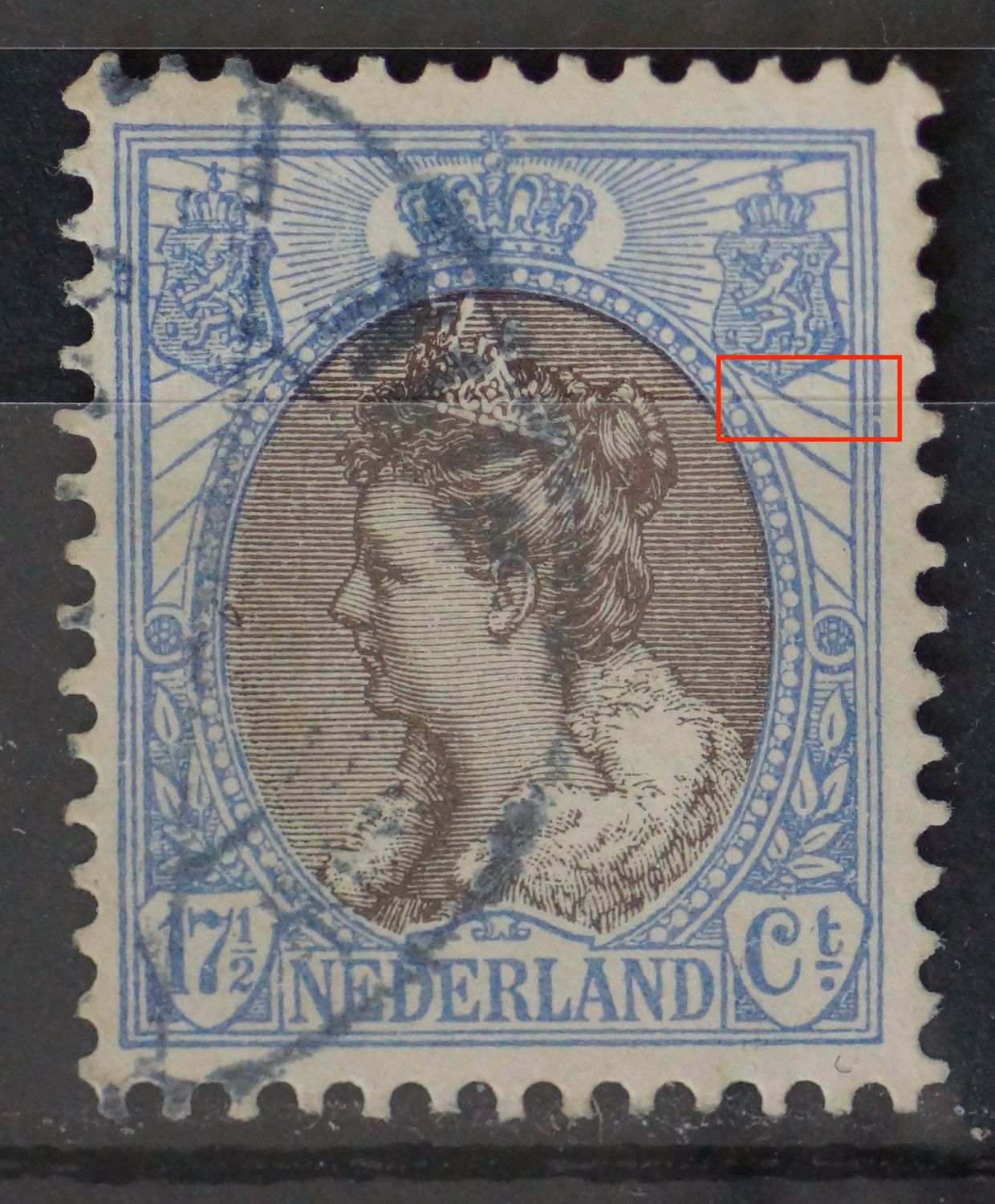 NVPH 67 - o.. breuk in straal en breuk in kaderlijn onder rechter wapenschild NVPH 67 - o.. breuk in straal en breuk in kaderlijn onder rechter wapenschild