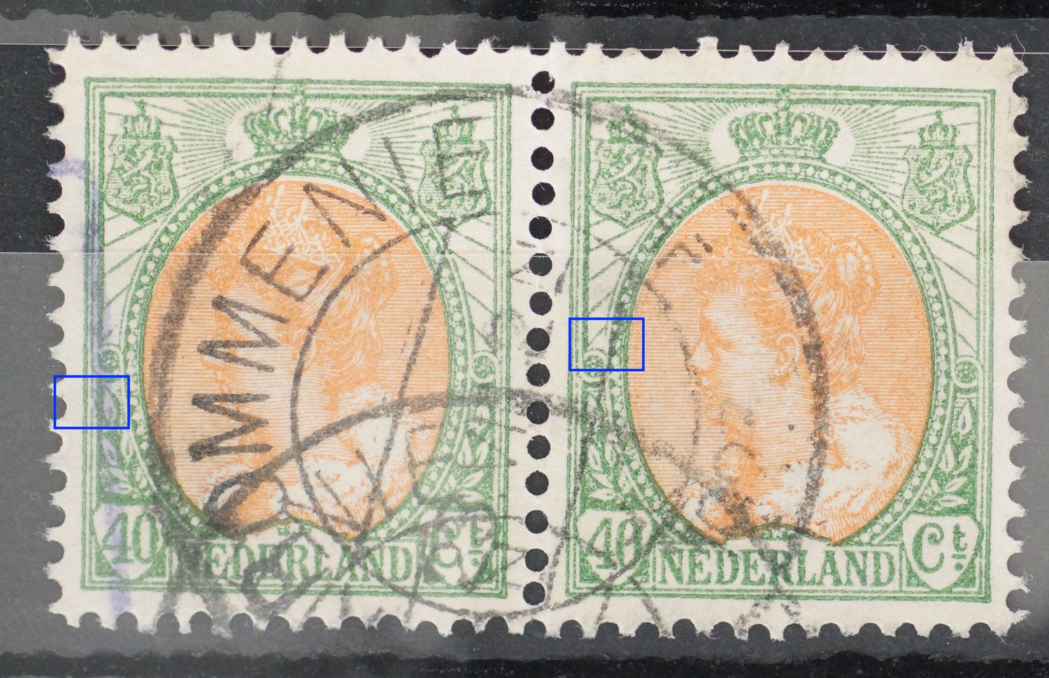 NVPH 73 - o.a. breuk in straal links (linker zegel) en rand medaillon links (rechter zegel)