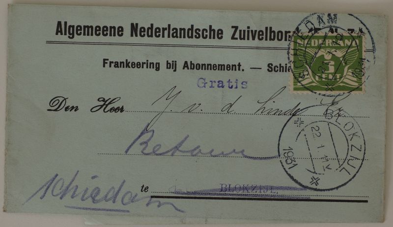 Geretourneerde adreswikkel met kortebalk Schiedam 5 en Blokzijl Geretourneerde adreswikkel met kortebalk Schiedam 5 en Blokzijl