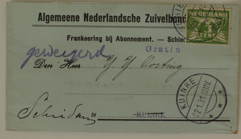 Geretourneerde adreswikkel met kortebalk Schiedam 5 en langebalk Kuinre Geretourneerde adreswikkel met kortebalk Schiedam 5 en langebalk Kuinre