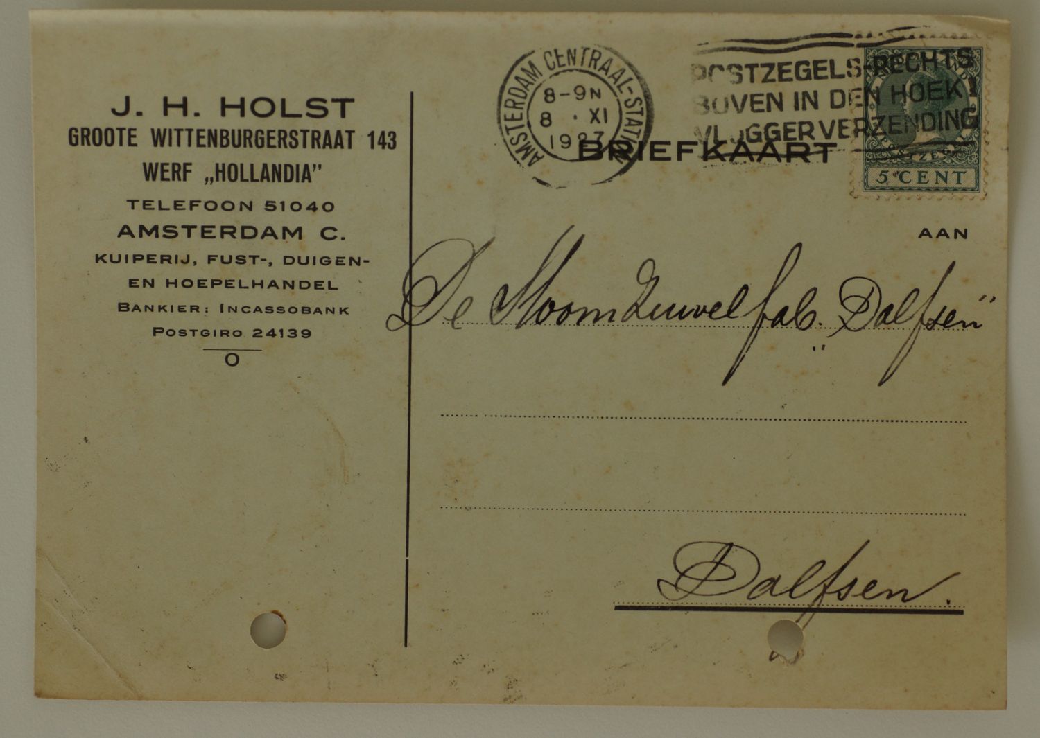 Briefkaart Fa. J.H. Holst naar Dalfsen, machinestempel op NVPH 177