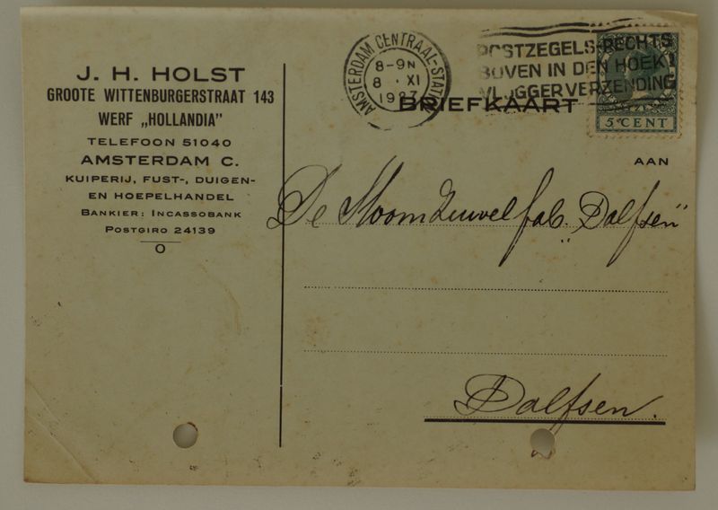 Briefkaart Fa. J.H. Holst naar Dalfsen, machinestempel op NVPH 177 Briefkaart Fa. J.H. Holst naar Dalfsen, machinestempel op NVPH 177