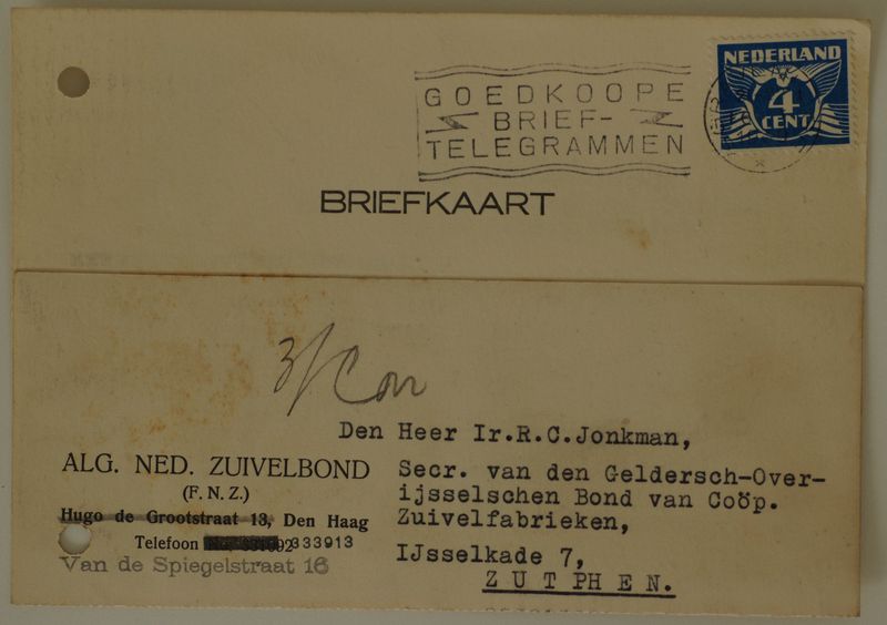 Briefkaart Alg. Ned. Zuivelbond naar Zutphen, machinestempel op NVPH 176 Briefkaart Alg. Ned. Zuivelbond naar Zutphen, machinestempel op NVPH 176
