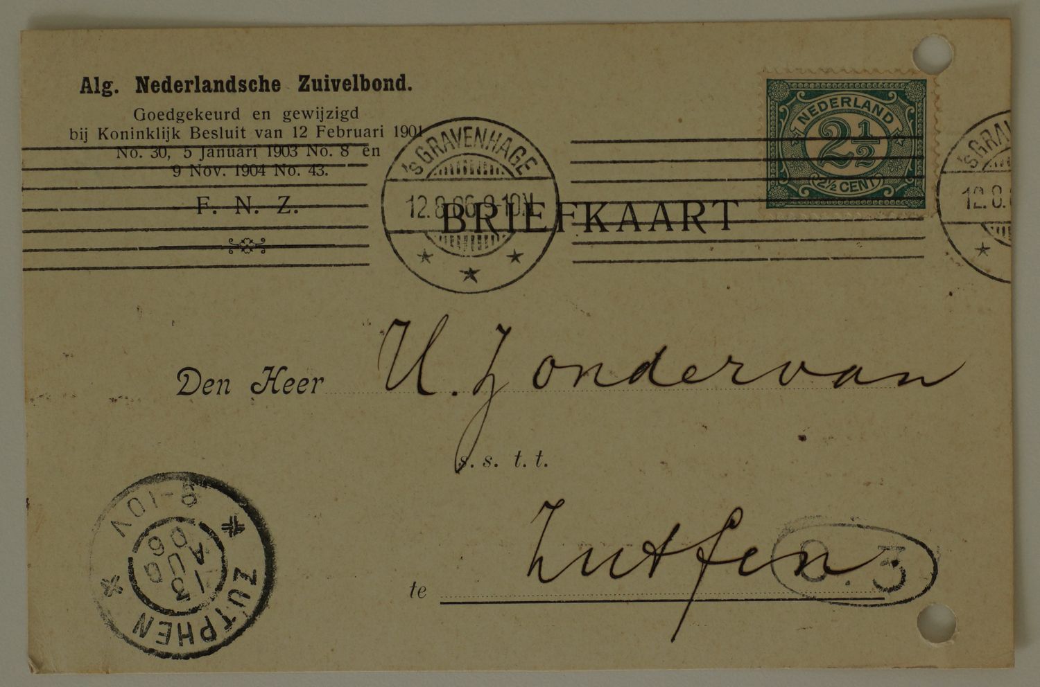 Briefkaart Alg. Ned. Zuivelbond naar Zutphen, machinestempel op NVPH 155 en grootrond Zutphen