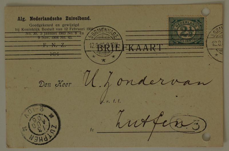Briefkaart Alg. Ned. Zuivelbond naar Zutphen, machinestempel op NVPH 155 en grootrond Zutphen Briefkaart Alg. Ned. Zuivelbond naar Zutphen, machinestempel op NVPH 155 en grootrond Zutphen