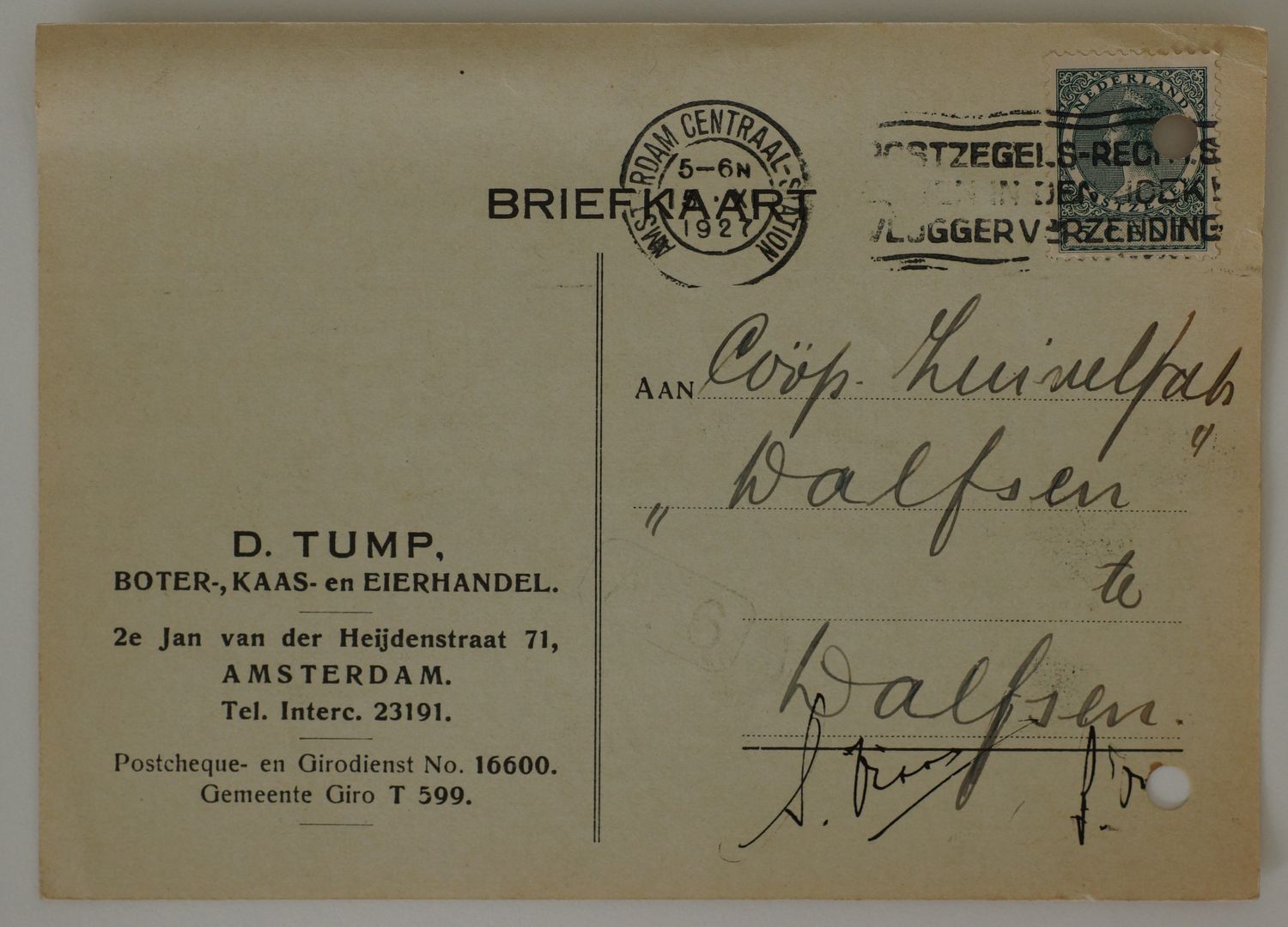 Briefkaart Fa. D. Tump naar Dalfsen, machinestempel op NVPH 177