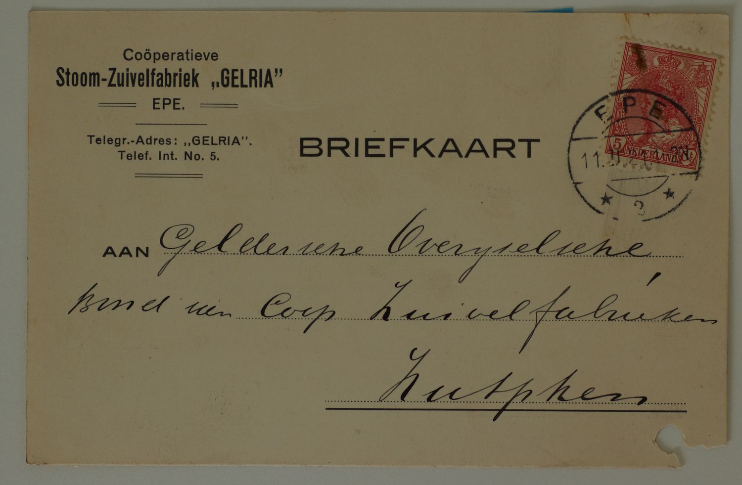 Briefkaart Coöp. Zuivelfabriek Gelria naar Zutphen, langebalk Ede 2 op NVPH 60