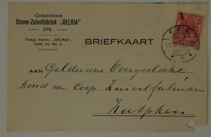 Briefkaart Coöp. Zuivelfabriek Gelria naar Zutphen, langebalk Ede 2 op NVPH 60 Briefkaart Coöp. Zuivelfabriek Gelria naar Zutphen, langebalk Ede 2 op NVPH 60