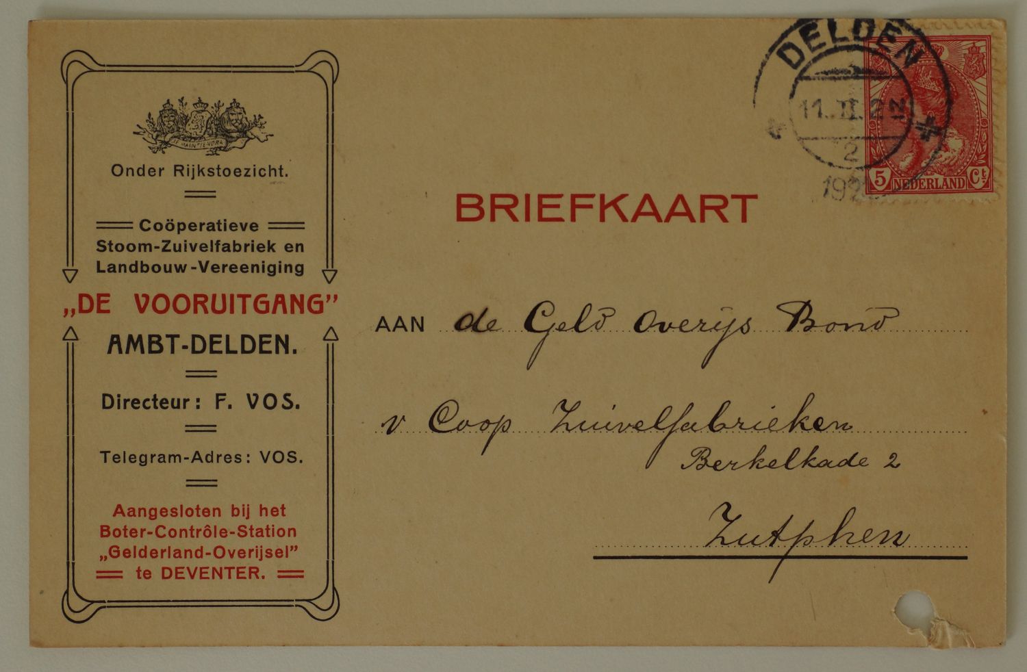 Briefkaart Coöp. Zuivelfabriek De Vooruitgang naar Zutphen, kortebalk Delden 2 op NVPH 60