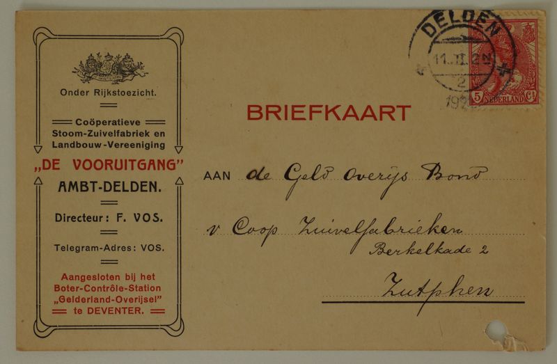 Briefkaart Coöp. Zuivelfabriek De Vooruitgang naar Zutphen, kortebalk Delden 2 op NVPH 60 Briefkaart Coöp. Zuivelfabriek De Vooruitgang naar Zutphen, kortebalk Delden 2 op NVPH 60