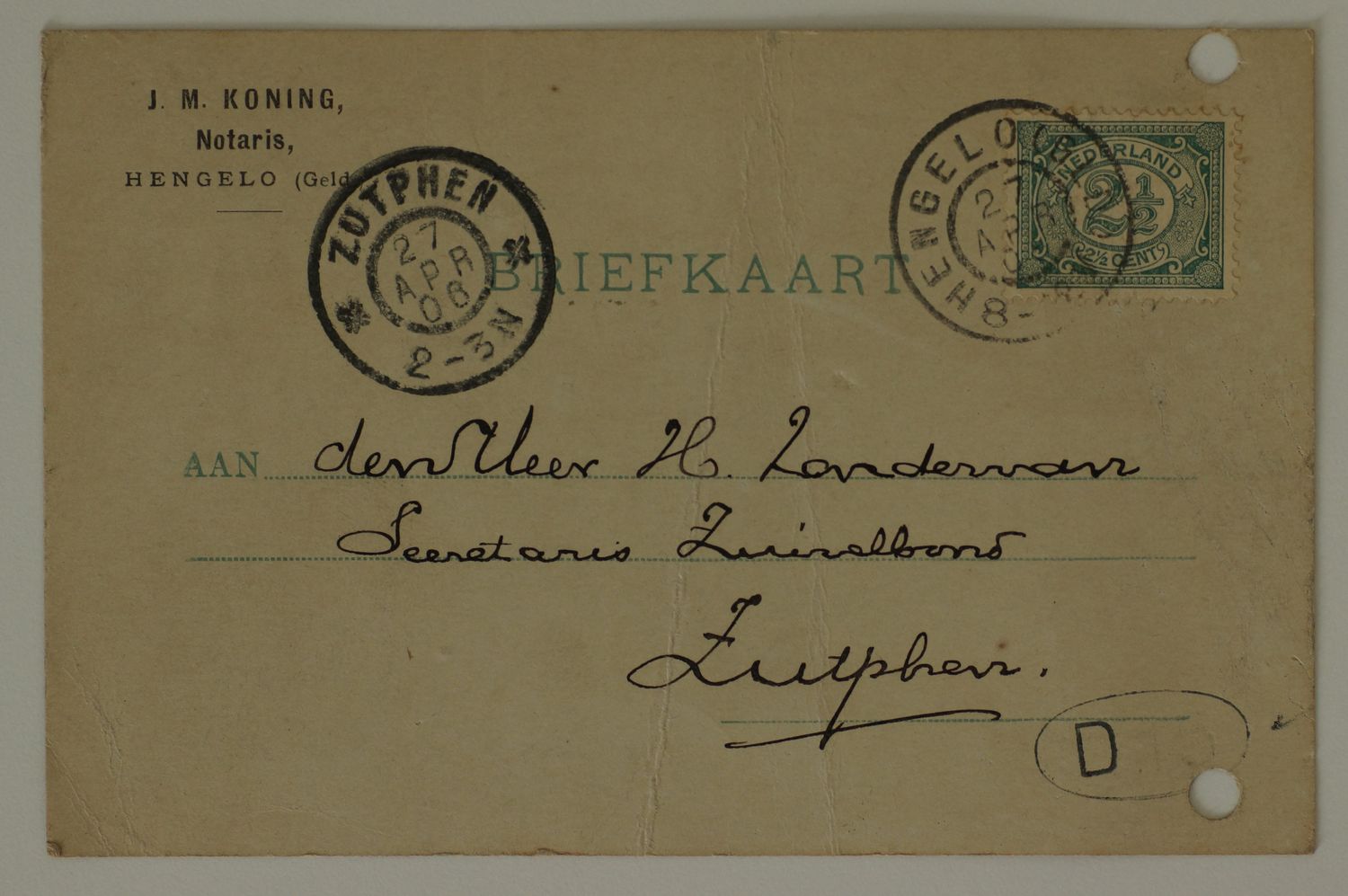 Briefkaart Notaris Koning naar Zutphen, grootrond Hengelo (Gld.) en Zutphen