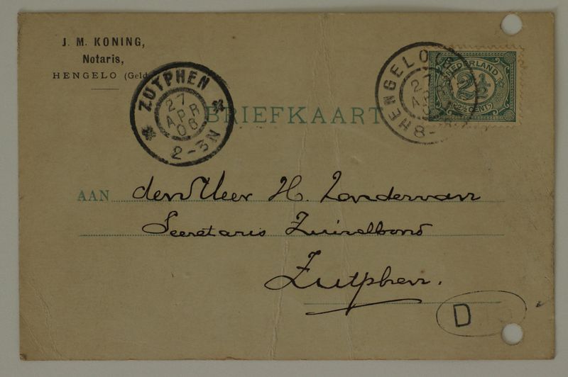 Briefkaart Notaris Koning naar Zutphen, grootrond Hengelo (Gld.) en Zutphen Briefkaart Notaris Koning naar Zutphen, grootrond Hengelo (Gld.) en Zutphen